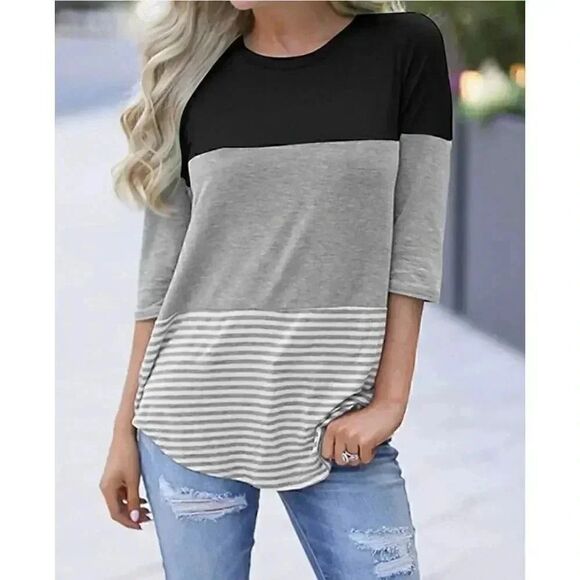 Hount Womens 3/4 Sleeve Back Lace Tops Round Neck Striped T-Shirts SZ M #1180 - Picture 1 of 13